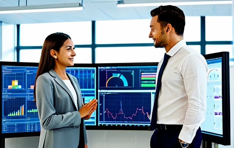 A professional male production manager and a female engineer, both fully clothed in appropriate, modest business attire, are standing within a modern, brightly lit smart factory control room. They are actively reviewing real-time data visualizations on large, transparent holographic displays, showing interconnected IoT devices and dynamic production line analytics. The environment is clean, high-tech, and organized. Emphasize professional photography, high quality, perfect anatomy, correct proportions, natural pose, well-formed hands, proper finger count, natural body proportions, safe for work, appropriate content, fully clothed, professional.