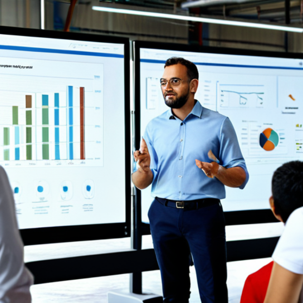 **

A production manager in a modern factory setting, fully clothed, giving a presentation on communication strategies. The scene includes diverse team members actively listening, with charts displaying improved efficiency and collaboration. Focus on clear body language and a positive, professional atmosphere. Safe for work, appropriate content, professional, family-friendly, perfect anatomy, natural pose.

**