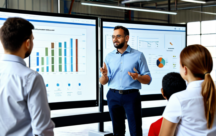 **

A production manager in a modern factory setting, fully clothed, giving a presentation on communication strategies. The scene includes diverse team members actively listening, with charts displaying improved efficiency and collaboration. Focus on clear body language and a positive, professional atmosphere. Safe for work, appropriate content, professional, family-friendly, perfect anatomy, natural pose.

**