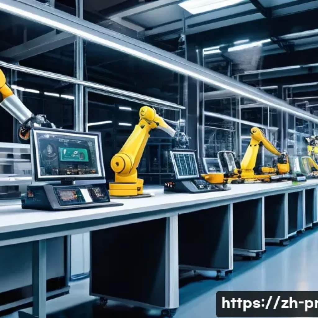 생산관리 관련 정부 지원 정책 - A modern industrial factory interior showcasing advanced intelligent manufacturing technology: robot...
