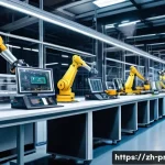 생산관리 관련 정부 지원 정책 - A modern industrial factory interior showcasing advanced intelligent manufacturing technology: robot...