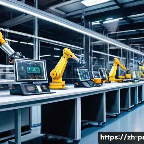 생산관리 관련 정부 지원 정책 - A modern industrial factory interior showcasing advanced intelligent manufacturing technology: robot...