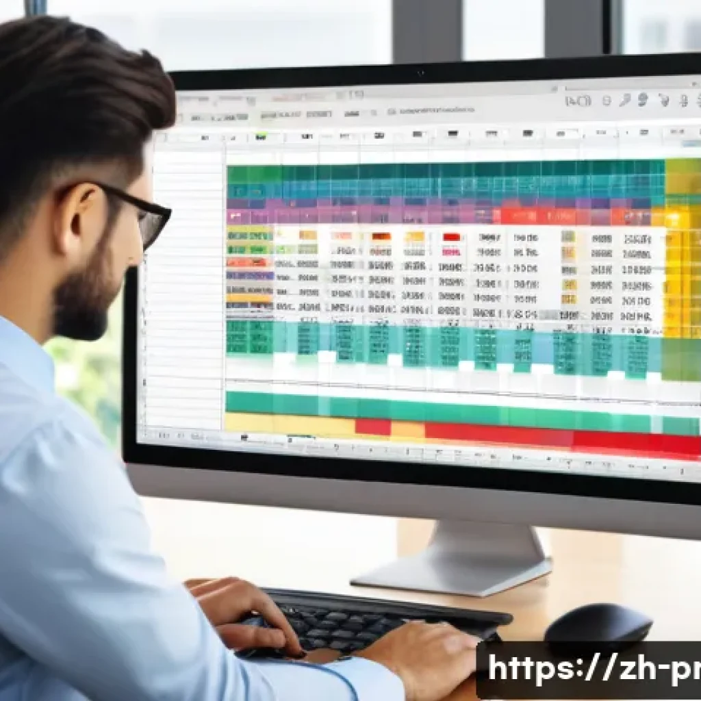 생산관리 실무를 위한 엑셀 활용법 - A modern office scene showing a professional working on a sleek laptop displaying an Excel spreadshe...