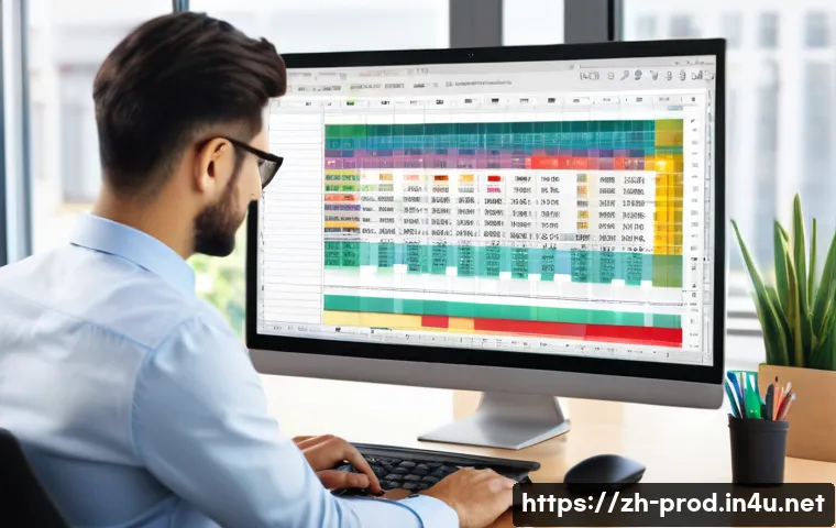 생산관리 실무를 위한 엑셀 활용법 - A modern office scene showing a professional working on a sleek laptop displaying an Excel spreadshe...