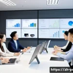 생산성과 향상을 위한 협업 도구 추천 - A modern Chinese office environment with a diverse team of professionals engaged in a remote video c...