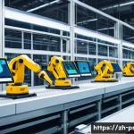생산관리 실습 사례 공유 - A modern factory production line featuring automated robotic arms assembling electronic devices with...