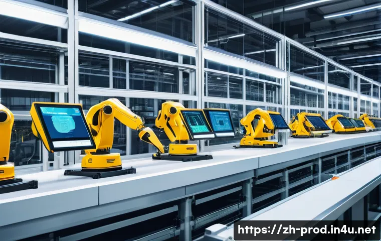 생산관리 실습 사례 공유 - A modern factory production line featuring automated robotic arms assembling electronic devices with...