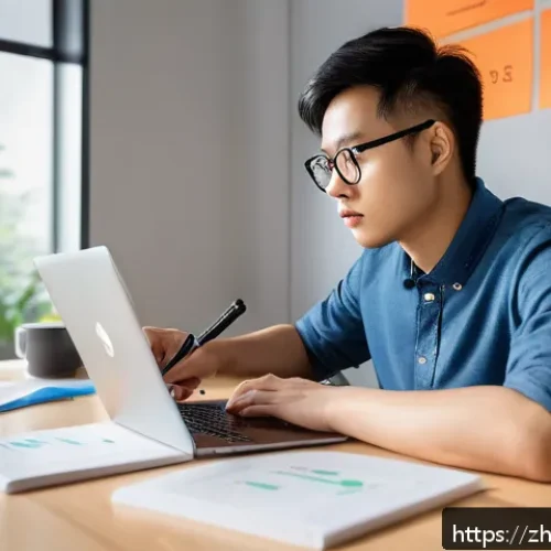 생산관리기사 필기시험 중점 과목 - A focused young adult studying efficiently at a clean, modern desk with a laptop, textbooks, and a t...