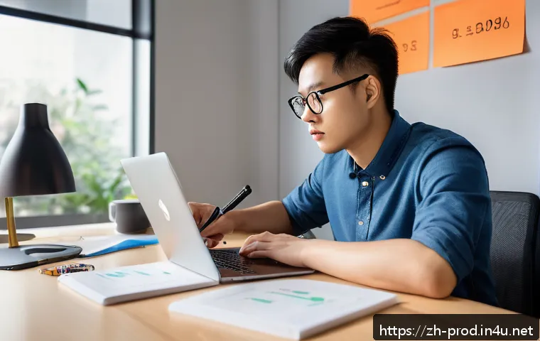 생산관리기사 필기시험 중점 과목 - A focused young adult studying efficiently at a clean, modern desk with a laptop, textbooks, and a t...
