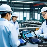 생산관리 직무를 위한 필수 도서 추천 - A modern factory production line scene showcasing a diverse team of Asian engineers and managers col...