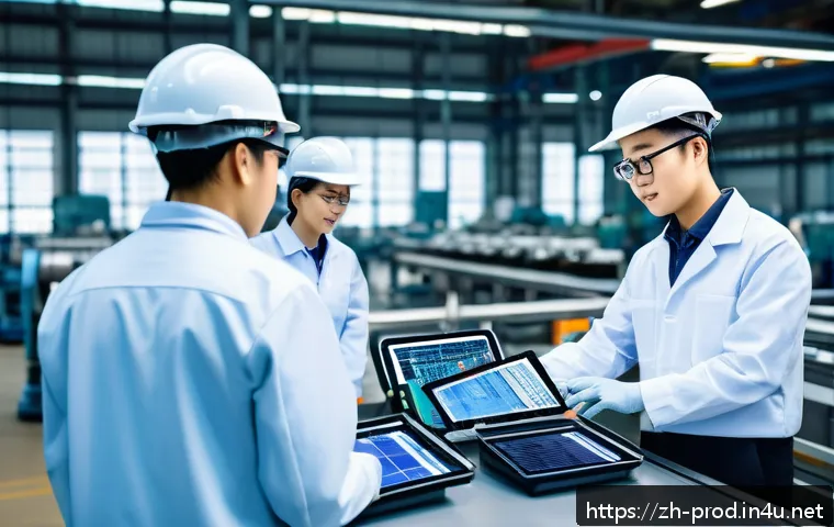 생산관리 직무를 위한 필수 도서 추천 - A modern factory production line scene showcasing a diverse team of Asian engineers and managers col...