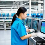 생산관리 직무 초보자를 위한 Q A - A modern factory production floor with workers wearing safety gear and uniforms, closely monitoring ...