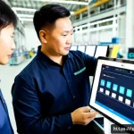 생산관리자 연봉 상승을 위한 경력 관리 팁 - Photorealistic modern manufacturing plant, confident East Asian production manager in clean business...