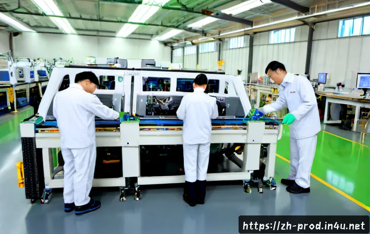 생산성과 향상을 위한 혁신 사례 - Photorealistic modern factory innovation scene, diverse adult engineers monitoring a collaborative r...